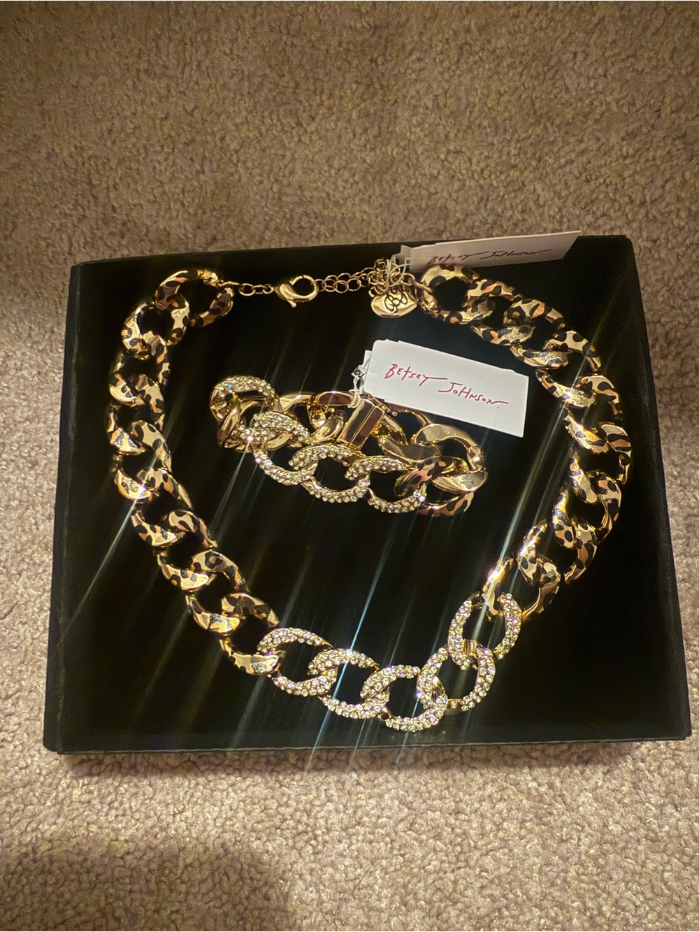 Betsey Johnson Gold and Cheetah patterned Link Necklace & matching Bracelet Set